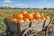 © shahjalal - Autumn pumpkin patch with rustic hay wagon glowing at sunset, surrounded by colorful foliage and farmland, creating a warm seasonal harvest landscape.