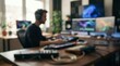 © Arham - Music Producer working in modern home studio with multiple computer screens and audio equipment, focused on sound engineering, mixing, and digital audio workstation tasks. Creative professional