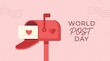 © sahed - World Post Day greeting graphic featuring a festive red mailbox with a heart-adorned envelope on a soft pastel pink background with wavy postmark lines and stylish typography