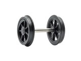 Pair of dark gray industrial wheels connected by metal axle rod
