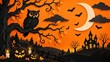 © Kristina - Black owl perched on branch above jack-o-lanterns beneath crescent moon. Halloween illustration with bats and silhouetted trees. Seasonal celebration. Greeting card design.