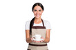 © deagreez - Photo of charming positive girl arms hold give you coffee toothy smile look camera isolated on white color background