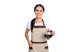 © deagreez - Photo of optimistic nice brown hair lady give coffee wear t-shirt apron isolated on grey color background