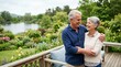 © OlgaNeuroArt - Senior Caucasian couple embracing and laughing outdoors on a garden deck. Happy elderly man and woman enjoying retirement near a lake