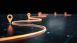 © RAKIB - A glowing orange path with map pin markers winds across a dark digital grid under moody lighting. Ideal for navigation and logistics technology concepts.