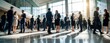 © miss irine - Diverse business people network in modern conference hall during corporate event. Professionals engage in communication, exchange ideas at large seminar. Crowd moves through bright sunlit lobby with