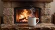© Cloudyew - A serene moment featuring a steaming cup of coffee by a charming fireplace, creating a warm atmosphere perfect for relaxation and comfort during chilly evenings.