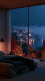 a serene bedroom with a panoramic view of a cityscape. The main subject is a bed with a blanket and pillows, situated in front of a large window that offers a breathtaking view of the city at night.