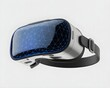 © Hafsa akter - Modern virtual reality headset with glowing blue wireframe mesh on the front lens isolated on white background