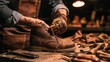 © Engineer Jahid - Close up of a leather worker in a brown apron using hands in gloves to lace up a handcrafted brown leather boot on a rustic wooden table
