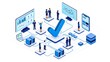 © ghulab - Digital business network with connected devices, analytics screens, people, and large checkmark symbol