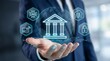 © Dian - AI digital banking cores, global financial networks, data automation. Executive hand holding glowing classical bank icon with neural point-cloud earth globe for automated cloud fintech transactions.