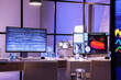 © Pixel-Shot - Biotechnology research and medical data analysis, scientist workspace with computer screens showing blood cell count and programming code in laboratory