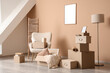 © Pixel-Shot - Moving house and relocation stress, cardboard boxes and packed belongings in a new apartment living room with furniture and home decor for lifestyle