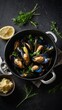 © Bonsales - Freshly cooked mussels adorned with a mix of parsley, rosemary, and dill, complemented by a zesty lemon twist, presented in a rustic cast iron pot on a sleek dark backdrop