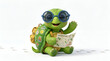 © ridho - Cute green baby turtle blue round glasses yellow backpack explore patch holding adventure map treasure sitting waving paw prints trail, adorable 3D cartoon character clean white background