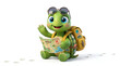 © ridho - Cute green baby turtle blue round glasses yellow backpack explore patch holding adventure map treasure sitting waving paw prints trail, adorable 3D cartoon character clean white background