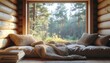 © Lovita - Cozy log cabin interior with window seat and scenic forest view - rustic retreat and hygge lifestyle concept