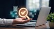 © ZK Visuals - Digital quality control search icon with glowing checkmark, business data audit approval concept, laptop office workspace