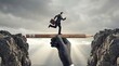 © Mr - Businessman running on a pencil bridging two rocky cliffs in a surreal creative concept.
