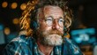 © adiba - A close-up shot of a middle-aged man wearing glasses and a headset, with a beard, gazing