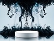 © TAFAZZUL - Empty white product display podium stand on a reflective surface with abstract black ink swirling in water background for luxury product presentation