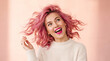 © Ace - Joyful attractive woman with messy pink hair laughing out loud perfect for modern youth fashion vibrant beauty and expressive lifestyle themes