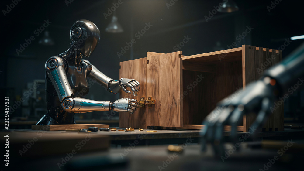 Humanoid robot using a screwdriver to assemble a wooden cabinet in a ...