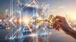 © rezaul4022 - Hand holding a golden key unlocking a digital geometric portal with light