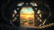 © rezaul4022 - Geometric stone doorway opening to a fantasy landscape at sunset