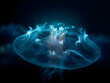 © pjjaruwan - Close up jellyfish glowing softly in dark water, translucent bell and delicate tentacle creating ethereal underwater scene