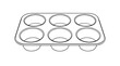 © Danielle - Black outline vector icon of a six-cup muffin baking tray with rounded rectangular rim and circular molds drawn with thin black lines in angled overhead centered composition stressing hollow interiors