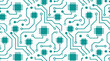 © Marcos - Seamless tileable teal circuit board pattern with microchip icons, electronic lines, nodes and traces on solid white background, flat technology texture for digital innovation design