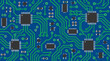 © Louise - Seamless computer circuit board vector pattern with green traces, black microchips, solder points and electronic components on deep blue technology background ideal for digital innovation wallpaper