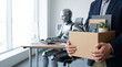 © Jai Izzam - Faceless employee packing cardboard box looking at robotic artificial intelligence taking over corporate desk job