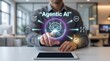 © CuteBee - Business executive using tablet with glowing agentic interface and task management icons in modern office for autonomous artificial intelligence and process automation concept