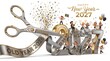 © Itx Musa - Happy New Year 2027 celebration with golden scissors cutting old year 2026 ribbon, countdown party with tiny business people characters, confetti, clock, sparklers and balloons on white background