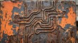 © Zaidi - Rusty metal surface with peeling orange paint and etched lines