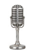 © no one - Classic silver vintage microphone with a sturdy stand is centered against a clean white background, highlighting its retro design