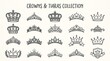 © Syed - Collection of elegant crown and tiara icons featuring royal crowns, jeweled designs, ornate details, decorative patterns, and symmetrical linework arranged neatly in vintage style.