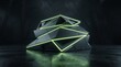 © mytour - Futuristic triangular podium formed by interlocking angular layers with acid green neon seams, dark graphite surfaces and glowing reflections create a dynamic architectural display.