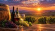 © QuahuxStudio - Sunset Wine Vineyard: A rustic barrel and bottles of red and white wine sit on a wooden table, overlooking a breathtaking vineyard landscape at sunset. Golden light bathes the rolling hills and vines.