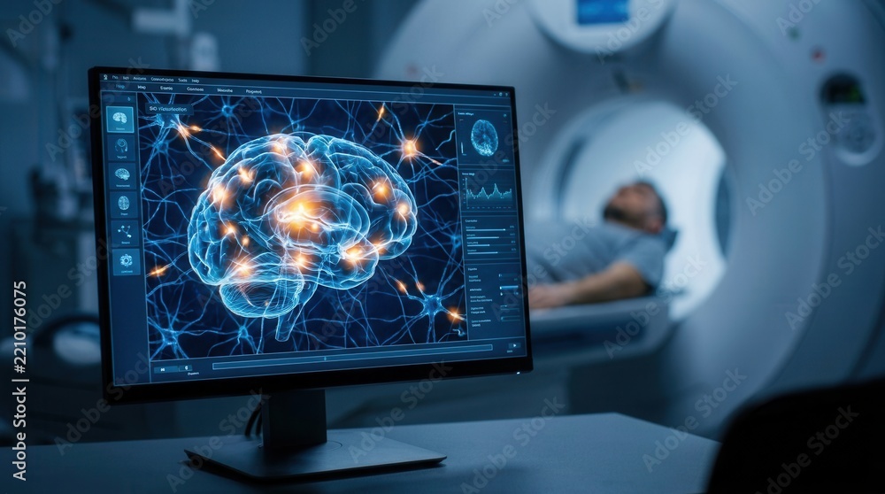 Advanced neuroimaging technology displaying a medical brain scan on a ...