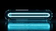 © miss irine - Futuristic cyan neon tube glows in dark room. Bright blue electric light cylinder sits on dark reflective surface. Minimalist glowing glass lamp creates luminous cyan energy with modern tech
