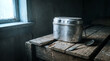 © Yassine - Vintage Metal Mess Tin and Spoon on Weathered Wooden Table in Dark Room By Window