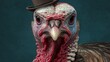 © Harry - Curious wild turkey wearing tiny brown bowler hat looking directly forward with detailed textured feathers close up portrait