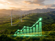 © Uttara Graphic - Wind farm on green hills at sunset with a glowing green financial growth bar chart and upward trend arrow overlay