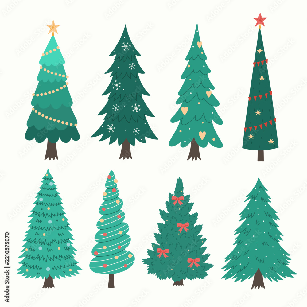 Christmas trees vector set. Cute cartoon xmas tree elements with ...