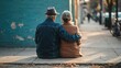 © Atick Tajwar Khan - Elderly couple sitting together on a sidewalk, man in a denim jacket and fedora with arm around woman in a brown coat