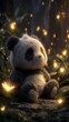 © Husien - A cute, fluffy panda sits peacefully in a dark, magical forest illuminated by glowing fireflies